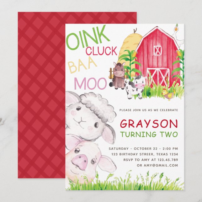 Cute Farm Animals Watercolor  Birthday Invitation (Front/Back)