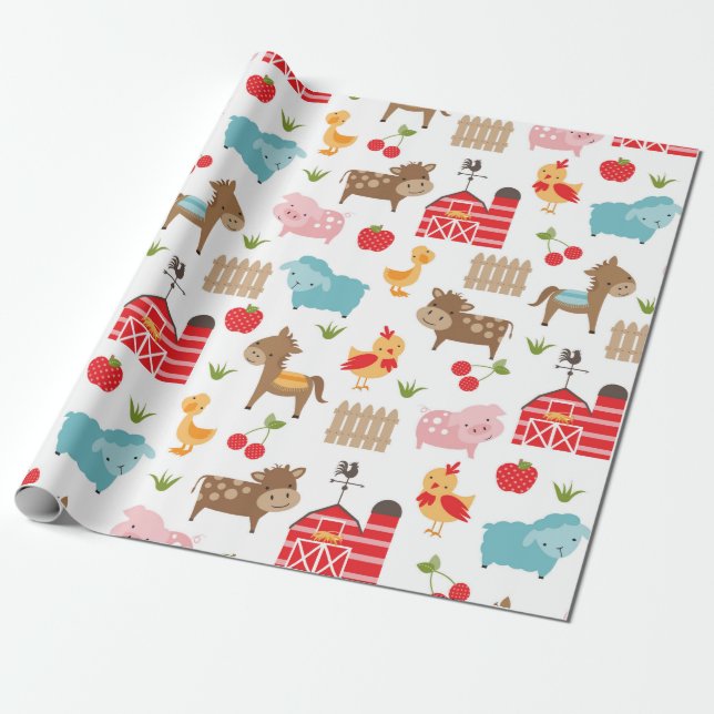 Cute Farm Animals Wrapping Paper (Unrolled)