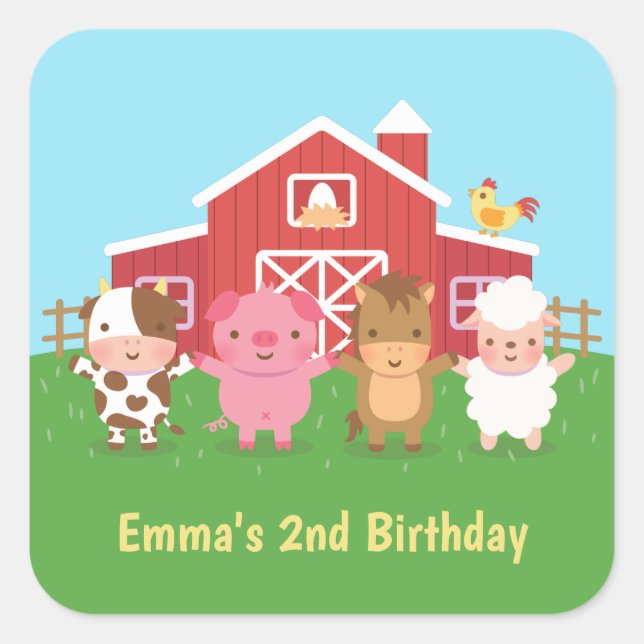 Cute Farm Barn Animals Kids Birthday Party Square Sticker (Front)