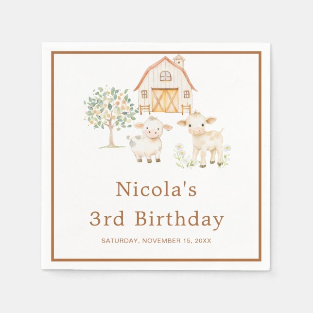 Cute Farm Barn Cows Birthday Napkin (Front)
