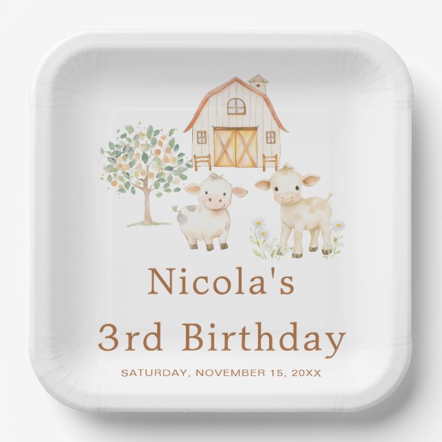 Cute Farm Barn Cows Birthday Paper Plate (Front)