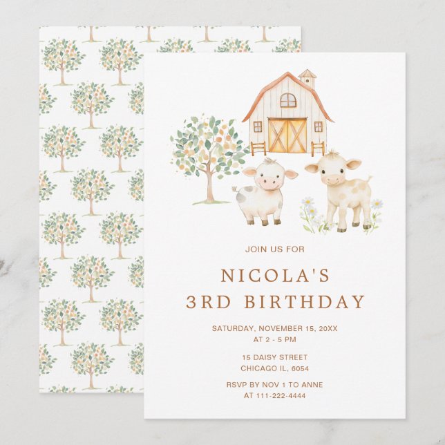 Cute Farm Barn Cows Birthday Party Invitation (Front/Back)