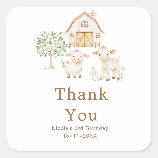 Cute Farm Barn Cows Birthday Square Sticker (Front)