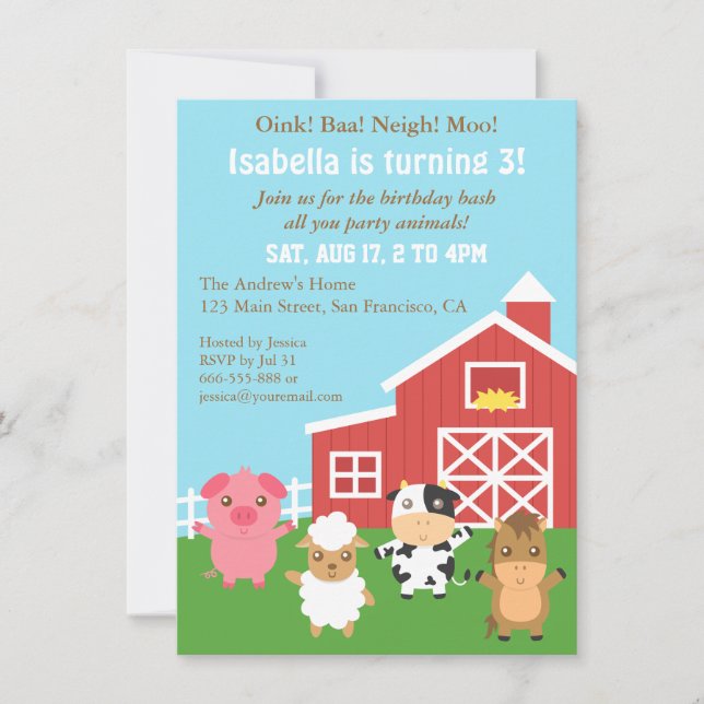 Cute Farm Barnyard Animal Birthday Party Invitation (Front)