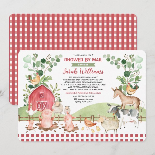 Cute Farm Barnyard Animals Baby Shower By Mail Invitation (Front/Back)