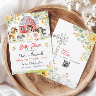 Cute Farm Barnyard Animals Red Barn Baby Shower Invitation