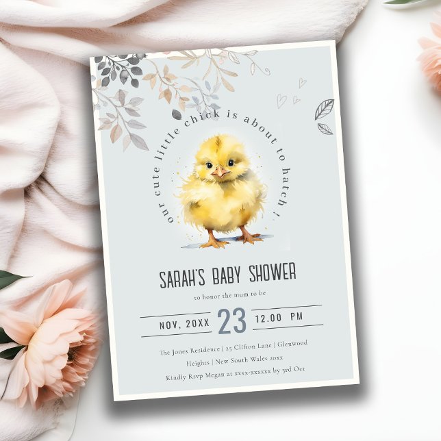 Cute Farm Chick Blue Boy Floral Baby Shower Invitation (Creator Uploaded)