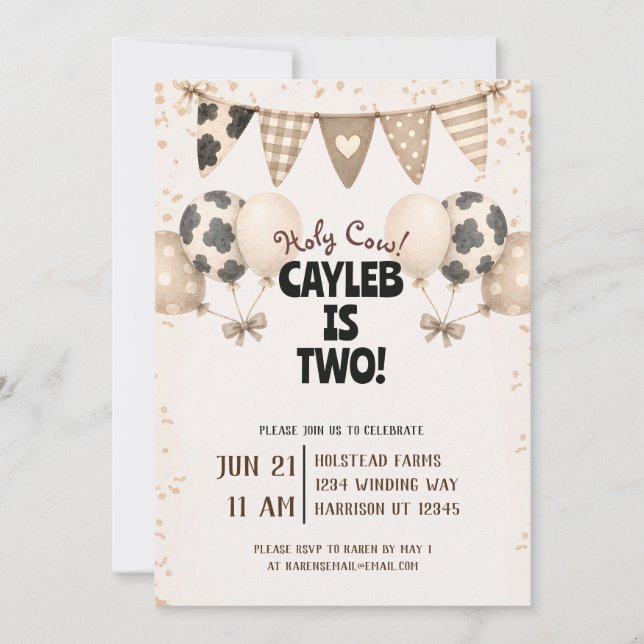Cute Farm Cow Boy Second Birthday  Invitation (Front)