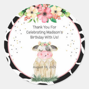 Cute Farm Cow Floral Girls Birthday Sticker