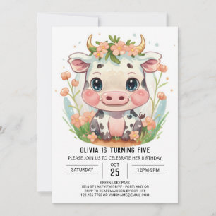 Cute Farm Girly Cow Birthday Invitation