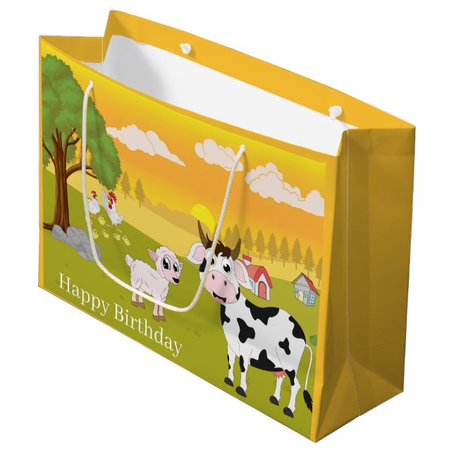 cute Farm Happy Birthday animals Large Gift Bag (Front Angled)