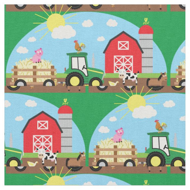 Cute Farm Kids Tractor Animals Fabric (Close Up)