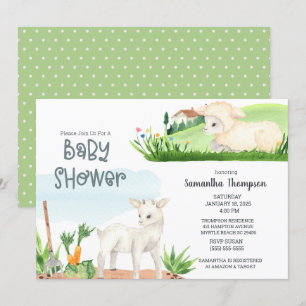Cute Farm Lamb Green Boys Baby Shower Invitation