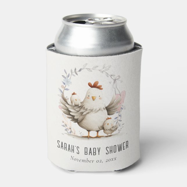 Cute Farm Mum and Baby Chick Floral Baby Shower Can Cooler (Can Front)