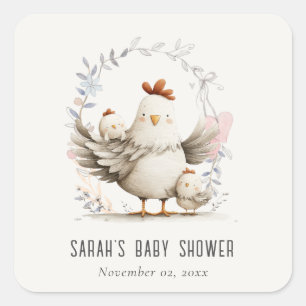 Cute Farm Mum and Baby Chick Floral Baby Shower Square Sticker