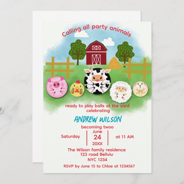 Cute Farm Party Animals Balls Birthday Invitation (Front/Back)