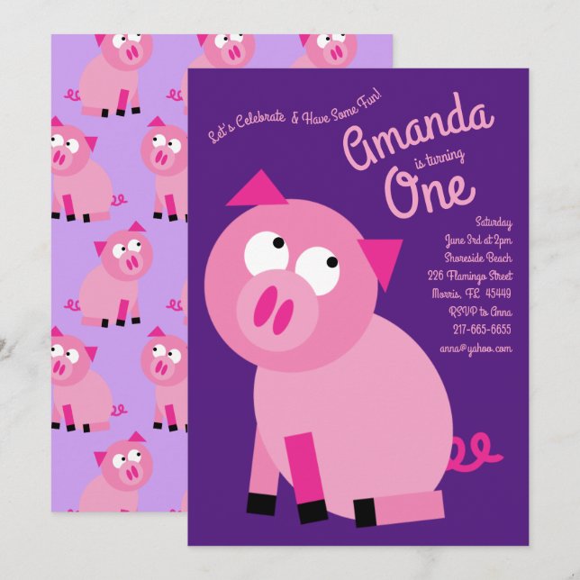 Cute Farm Pig Kids 1st Birthday Party Invitation (Front/Back)