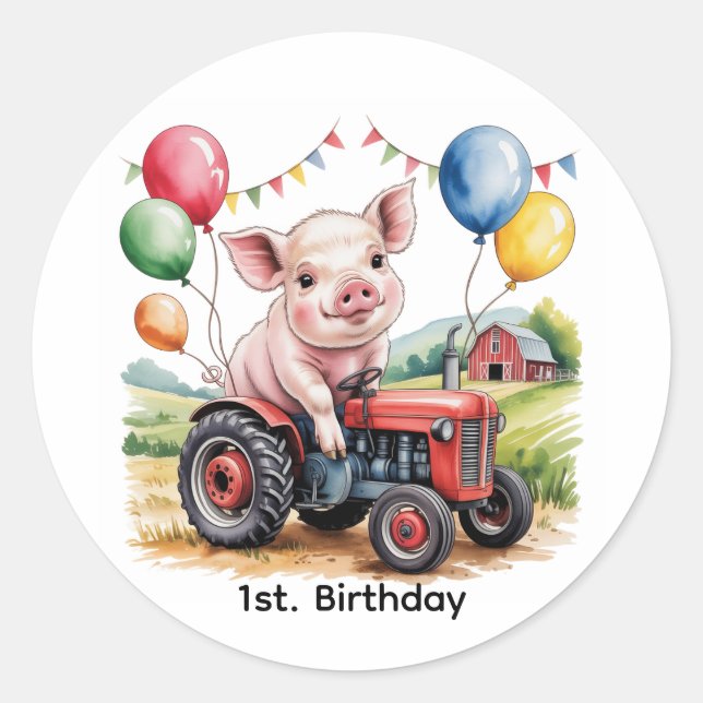 Cute Farm Pig On A Tractor 1st. Birthday Party Classic Round Sticker (Front)