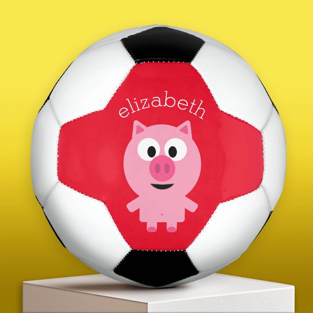 Cute Farm Piglet - Pink and Red with name Football (Custom Soccer Ball with a Cartoon Pig)