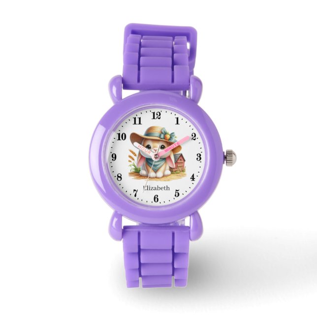 Cute Farm Rabbit add name girls Watch (Front)