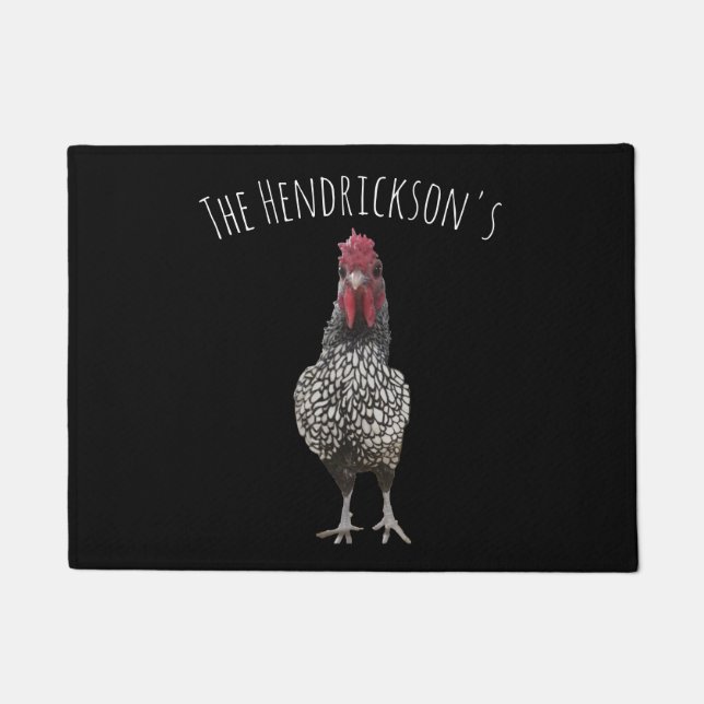 Cute Farm Rooster Personalised Name Black Doormat (Front)