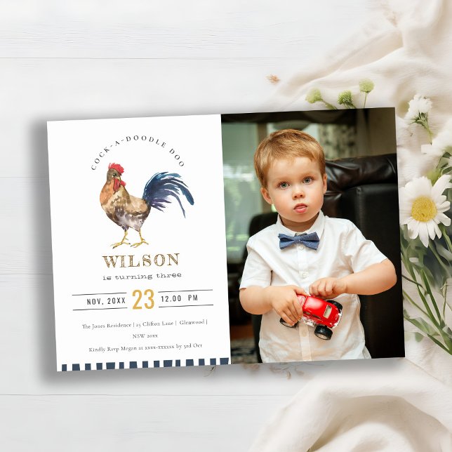 Cute Farm Rooster Watercolor Photo Birthday Invite (Creator Uploaded)