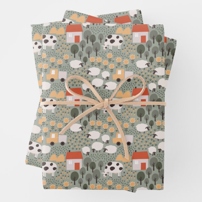 Cute Farm Scene Pattern Wrapping Paper Sheet (In situ)