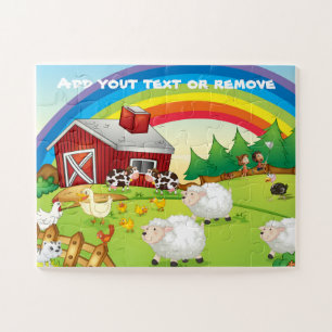 Cute farm scene rainbow, farm animals, children, jigsaw puzzle