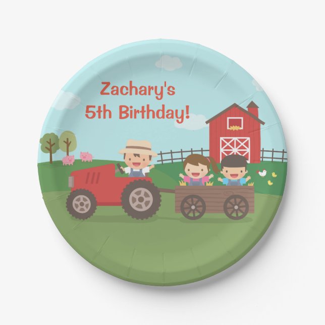 Cute Farm Tractor Kids Birthday Party Supplies Paper Plate (Front)