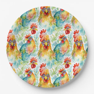 Cute Farm Watercolor Chickens Birthday Paper Plate
