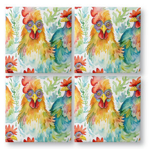 Cute Farm Watercolor Chickens Birthday Tile