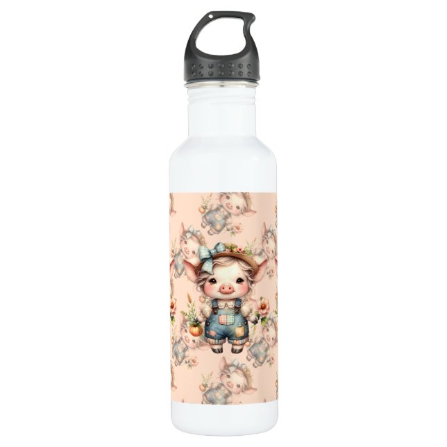 Cute Farmcore Pig in Overalls with Flowers 710 Ml Water Bottle (Front)