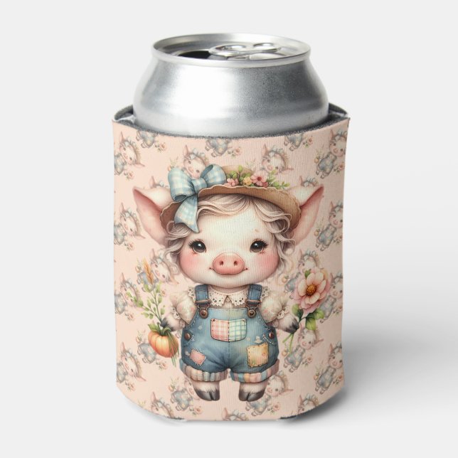 Cute Farmcore Pig in Overalls with Flowers Can Cooler (Can Front)