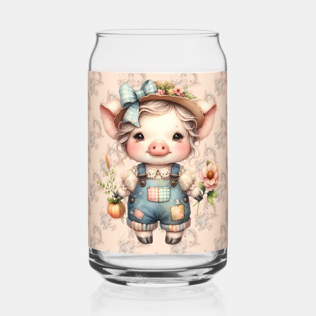 Cute Farmcore Pig in Overalls with Flowers Can Glass (Front)