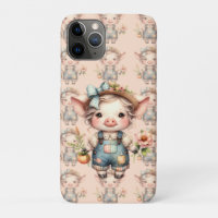 Cute Farmcore Pig in Overalls with Flowers