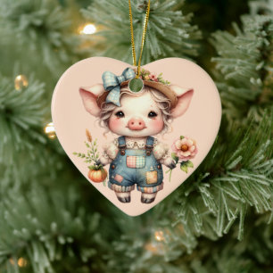 Cute Farmcore Pig in Overalls with Flowers Ceramic Tree Decoration