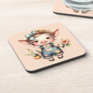 Cute Farmcore Pig in Overalls with Flowers Coaster