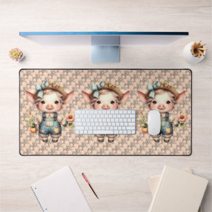 Cute Farmcore Pig in Overalls with Flowers Desk Mat