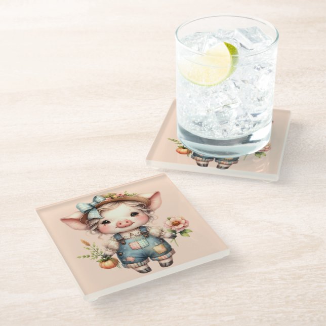 Cute Farmcore Pig in Overalls with Flowers Glass Coaster (Angled)