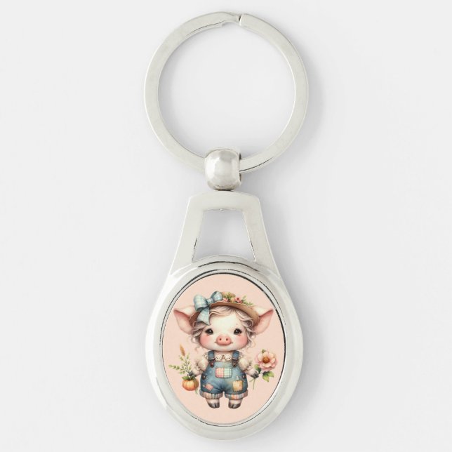 Cute Farmcore Pig in Overalls with Flowers Key Ring (Front)
