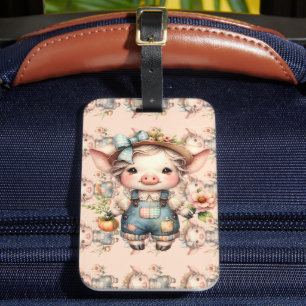 Cute Farmcore Pig in Overalls with Flowers Luggage Tag
