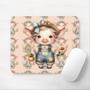Cute Farmcore Pig in Overalls with Flowers Mouse Mat