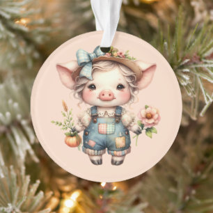 Cute Farmcore Pig in Overalls with Flowers Ornament
