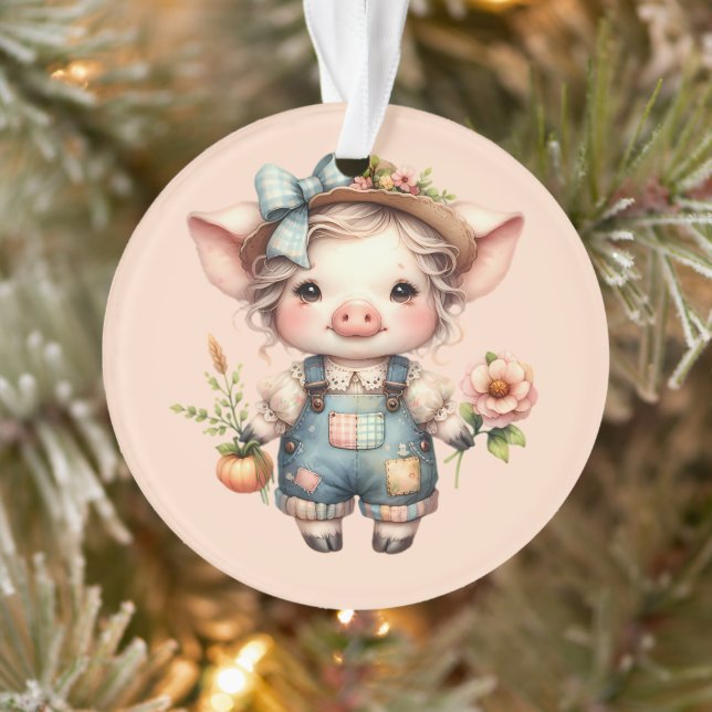 Cute Farmcore Pig in Overalls with Flowers Ornament (Tree)