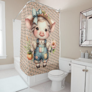 Cute Farmcore Pig in Overalls with Flowers Shower Curtain