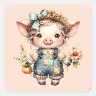 Cute Farmcore Pig in Overalls with Flowers Square Sticker