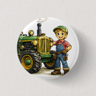 Cute Farmer Boy With Vintage Green Tractor Art 3 Cm Round Badge