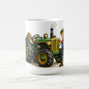 Cute Farmer Boy With Vintage Green Tractor Art Coffee Mug