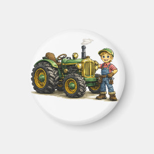 Cute Farmer Boy With Vintage Green Tractor Art Magnet