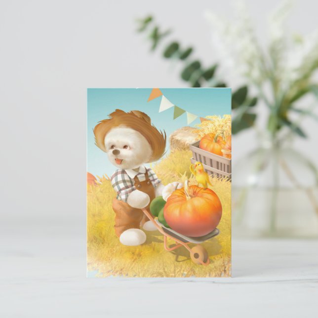 Cute Farmer Dog with Pumpkin Announcement Postcard (Standing Front)